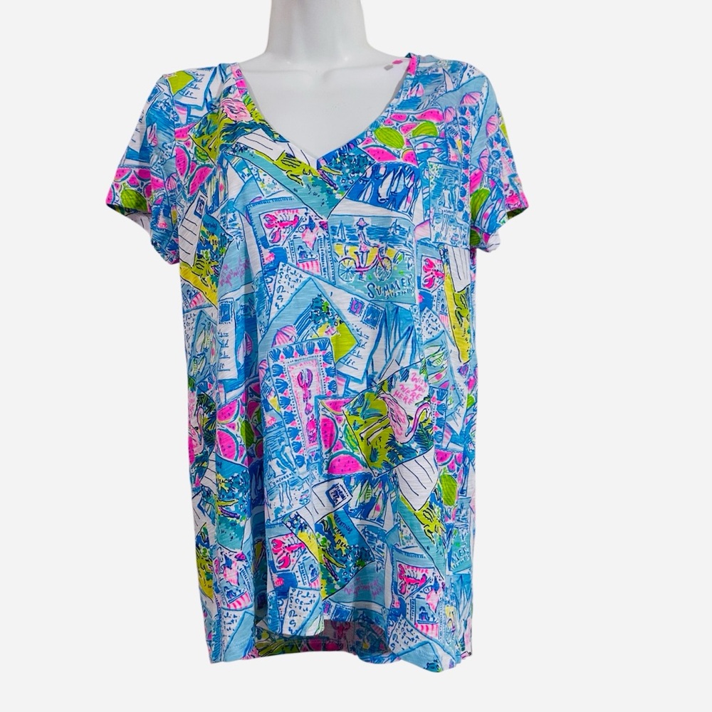 Lilly Pulitzer NEW Etta V-Neck Top In Multi Wish You Were Here Sz.Sm Preppy